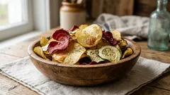 Batatas fritas caseiras ao forno: fatias crocantes de batata, beterraba e courgette